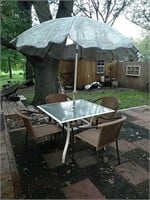 Glass patio table, awning, 4 chairs