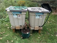 Rain barrels with stands, flower pot