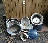 Enamelware pots, wash basins, canning racks