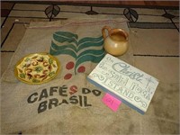 Coffee sack, sign, pottery