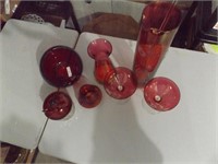 CRANBERRY ETCHED GLASS PITCHER, HONEY JAR & MORE