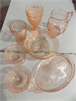PINK DEPRESSION GLASS PITCHER & OTHER GLASSES