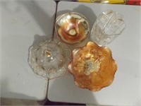CUT GLASS BUTTER DISH & VASE W/IRRADESCENT BOWLS