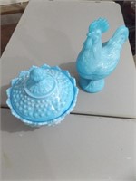 BLUE MARBLE FENTON DISH & BLUE ROOSTER DISH
