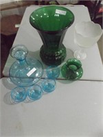BLUE-GLASS CORDIAL SET, GREEN VASES & MORE