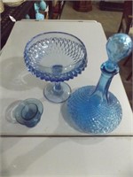 BLUE GLASS DECANTER, COMPOTE & TRINKET DISH