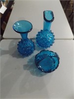 BLUE WESTMORELAND GLASS BASKET & TWO HOBNAIL