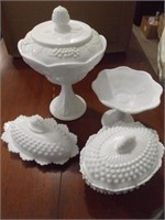 MILK GLASSS BUTTER DISH, COMPOTES & LIDDED CANDY