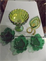 IRRIDESCENT GREEN COMPOTE, VASE & LEAF DISHES