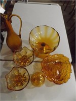 AMBER GLASS COMPOTE, CANDLESTICK & OTHER PIECES