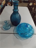 BLUE GLASS BUTTER DIS, DECANTER & CRUET
