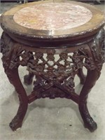 CARVED WOODEN TABLE W/ MARBLE INLAY TOP