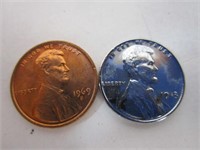 Coin; 1943  & 1969; 1 steel  penny; Lincoln