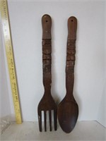 Large teak wood fork & spoon