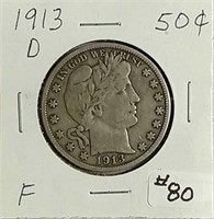 1913-D  Barber Half Dollar  F