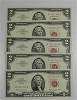 ( 5 )  1963  $2 LT Red Seal notes  VF - XF