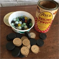 Vintage Marbles, Game Pieces & Asco Tin