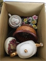 Box including teapot, China florals, etc.