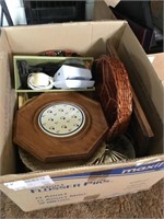 Large box lot of household items, serving pieces,