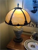 Slag-glass shade lamp with cast base. Missing one