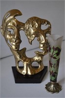 Signed Galle Vase & Brass Sculpture