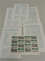 5 Sheets of O CANADA Stamps & Envelope