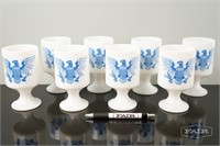 Set of 8 Milk Glass with Blue Eagle footed mugs