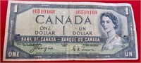 1954 CAD $1 Banknote Devils Face Prefix A/A