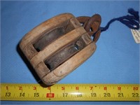 Antique Wood & Cast Iron Double Pulley
