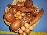 Mid Century Hand Carved Wood Fruit in a Basket