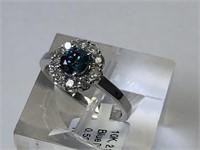 10K White Gold Blue Diamond w/Side Diamonds Ring