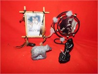 2 soapstone carvings, dream catcher, picture