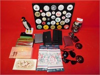Penguin brush,pin collection,wallets, sunglasses