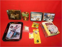 Qty of tins, books, Richards tool, serving tray