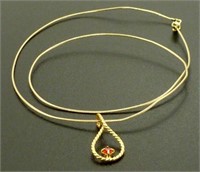 17" Gold Necklace w/ Red Stone Pendant - Has 14k