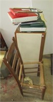 (2) Stadium chairs, upper cabinet and wood chair.
