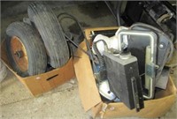 (2) Small tires, tractor parts, car spot light,