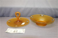 Hand Painted Amber Satin Glass Tray & Bowl