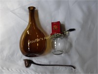 Handblown bottle, pewter candle snifter & nut