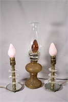 Textured Gold Glass Oil Lamp & (2) Vintage Lights
