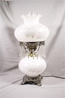 White Hurricane Lamp with Hanging Crystals