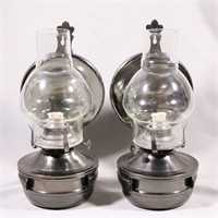 Pair of Short Metal Oil Lamps with Reflectors