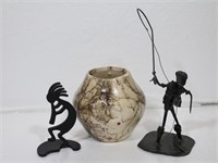 Carved Signed Vase, Metal Art Fisherman, Kokopelli