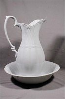 Large White Porcelain Washstand Pitcher & Bowl