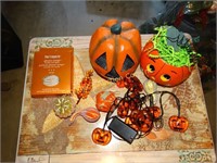 Halloween decorations:  lights, pumpkin, glimmer