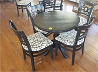 BLACK TABLE AND 4 UPHOLSTED CUSHIONED CHAIRS