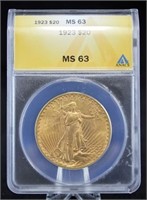 1923 $20 Saint Gaudens Gold Coin. ANACS MS 63