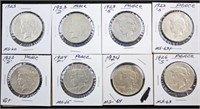 Eight Peace Silver Dollars 1922 - 1926