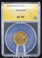 1903 S $5 Gold Liberty Head Coin ANACS AU 50