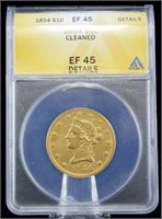 1854 $10 Liberty Head Gold Coin ANACS Graded EF 45